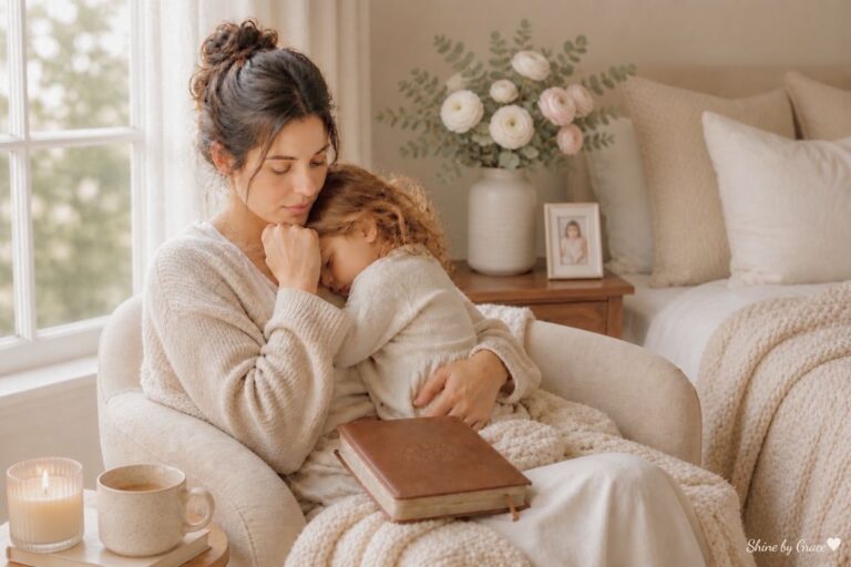 Beautiful tired mom holding her child in a soft cozy bedroom, representing a Mother’s Day prayer for a mom who feels unseen