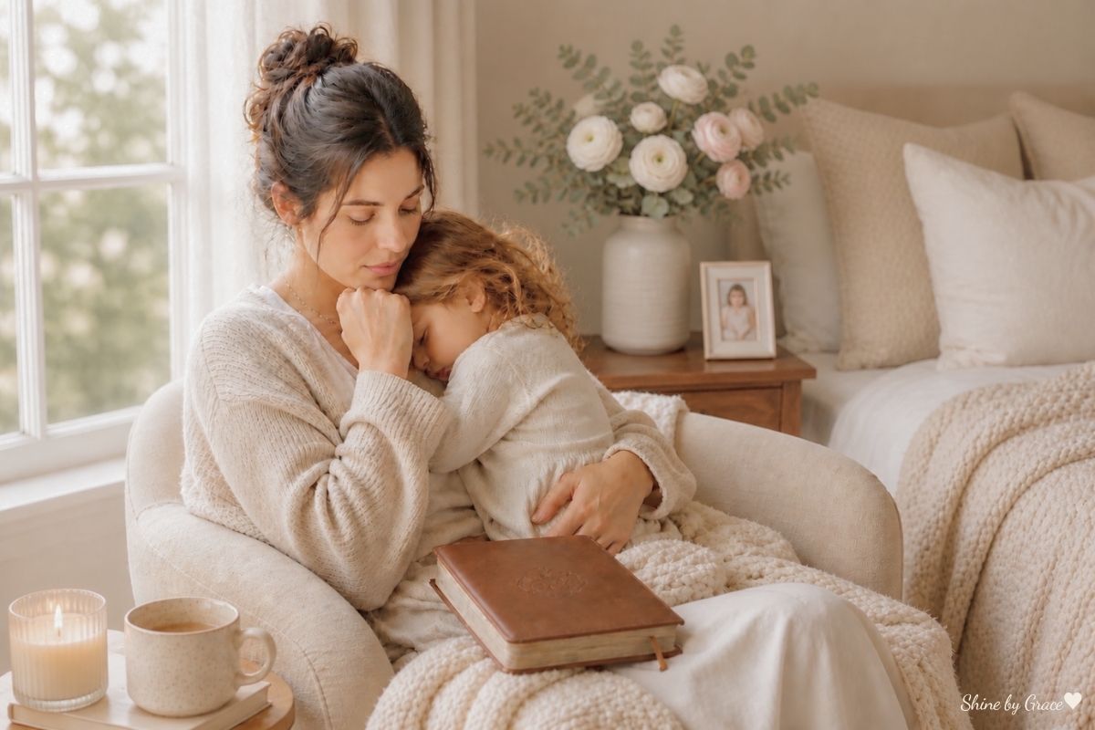 Beautiful tired mom holding her child in a soft cozy bedroom, representing a Mother’s Day prayer for a mom who feels unseen