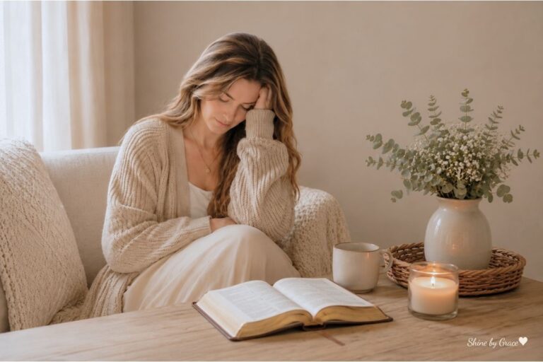 A tired mom sitting beside an open Bible in a cozy beige room, holding a cup and finding quiet rest with God when everyone needs something from you.