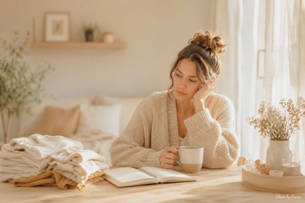 tired mom sitting with coffee and laundry during a heavy motherhood season